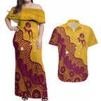 Personalised Australia Golf Couples Matching Off Shoulder Maxi Dress and Hawaiian Shirt Aussie Kangaroo Aboriginal Polynesian Pattern