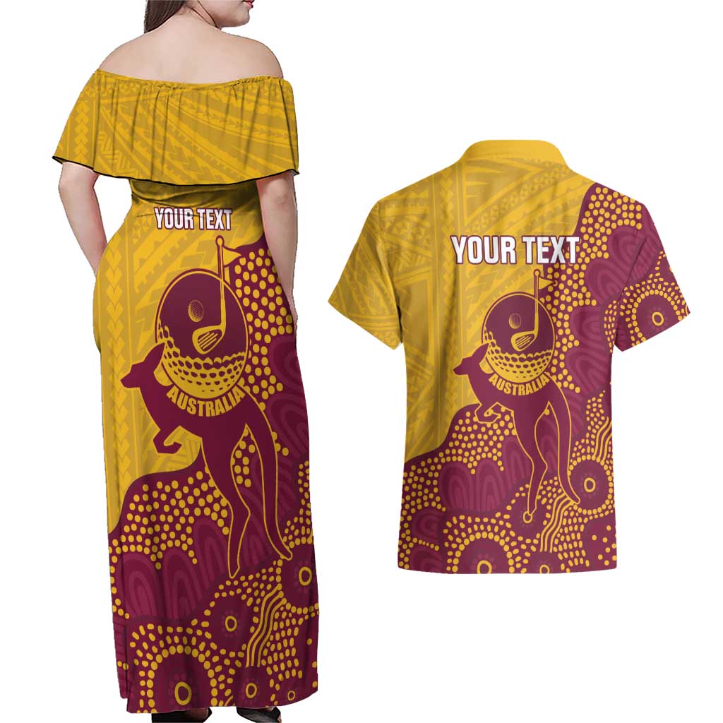 Personalised Australia Golf Couples Matching Off Shoulder Maxi Dress and Hawaiian Shirt Aussie Kangaroo Aboriginal Polynesian Pattern