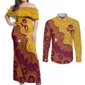 Personalised Australia Golf Couples Matching Off Shoulder Maxi Dress and Long Sleeve Button Shirt Aussie Kangaroo Aboriginal Polynesian Pattern