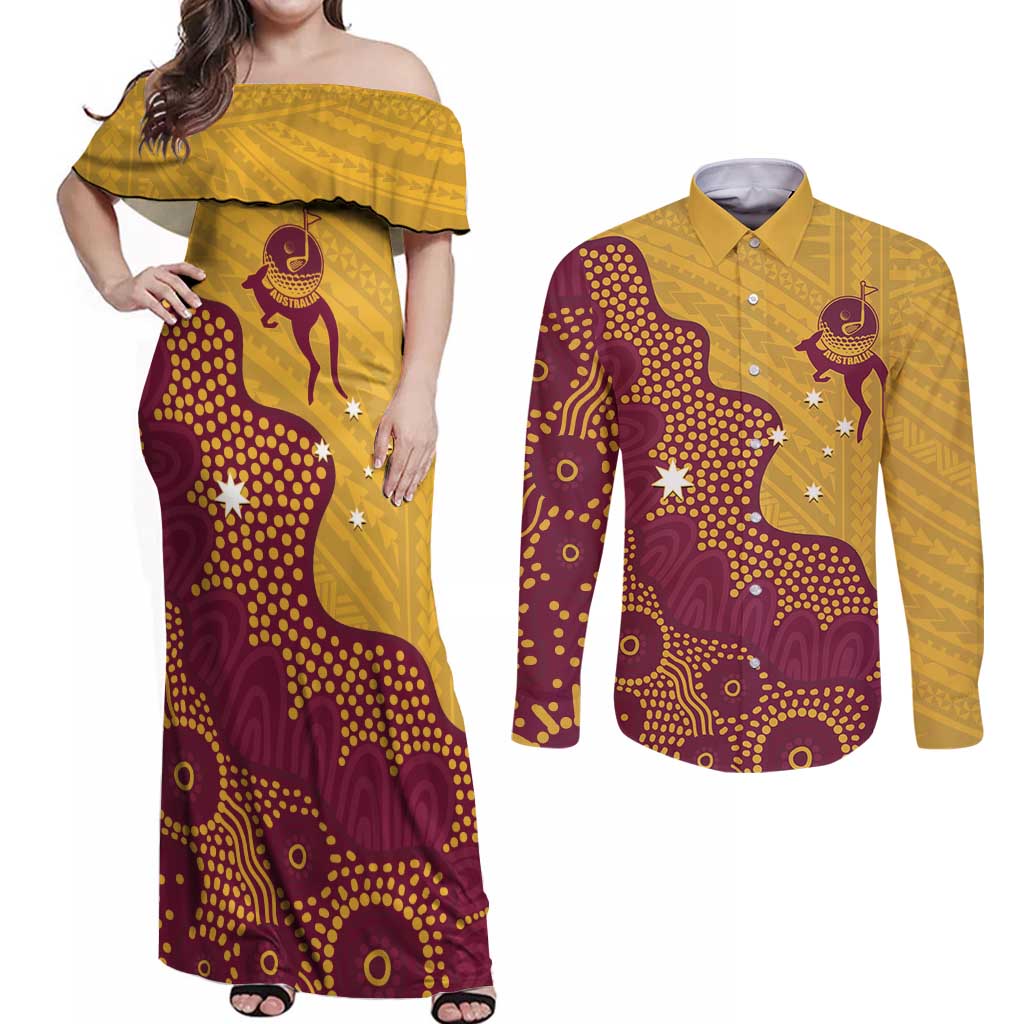 Personalised Australia Golf Couples Matching Off Shoulder Maxi Dress and Long Sleeve Button Shirt Aussie Kangaroo Aboriginal Polynesian Pattern
