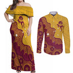 Personalised Australia Golf Couples Matching Off Shoulder Maxi Dress and Long Sleeve Button Shirt Aussie Kangaroo Aboriginal Polynesian Pattern