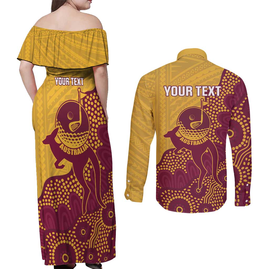 Personalised Australia Golf Couples Matching Off Shoulder Maxi Dress and Long Sleeve Button Shirt Aussie Kangaroo Aboriginal Polynesian Pattern