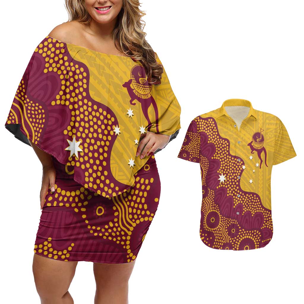 Personalised Australia Golf Couples Matching Off Shoulder Short Dress and Hawaiian Shirt Aussie Kangaroo Aboriginal Polynesian Pattern