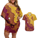 Personalised Australia Golf Couples Matching Off Shoulder Short Dress and Hawaiian Shirt Aussie Kangaroo Aboriginal Polynesian Pattern