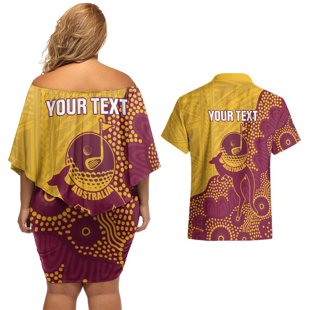 Personalised Australia Golf Couples Matching Off Shoulder Short Dress and Hawaiian Shirt Aussie Kangaroo Aboriginal Polynesian Pattern