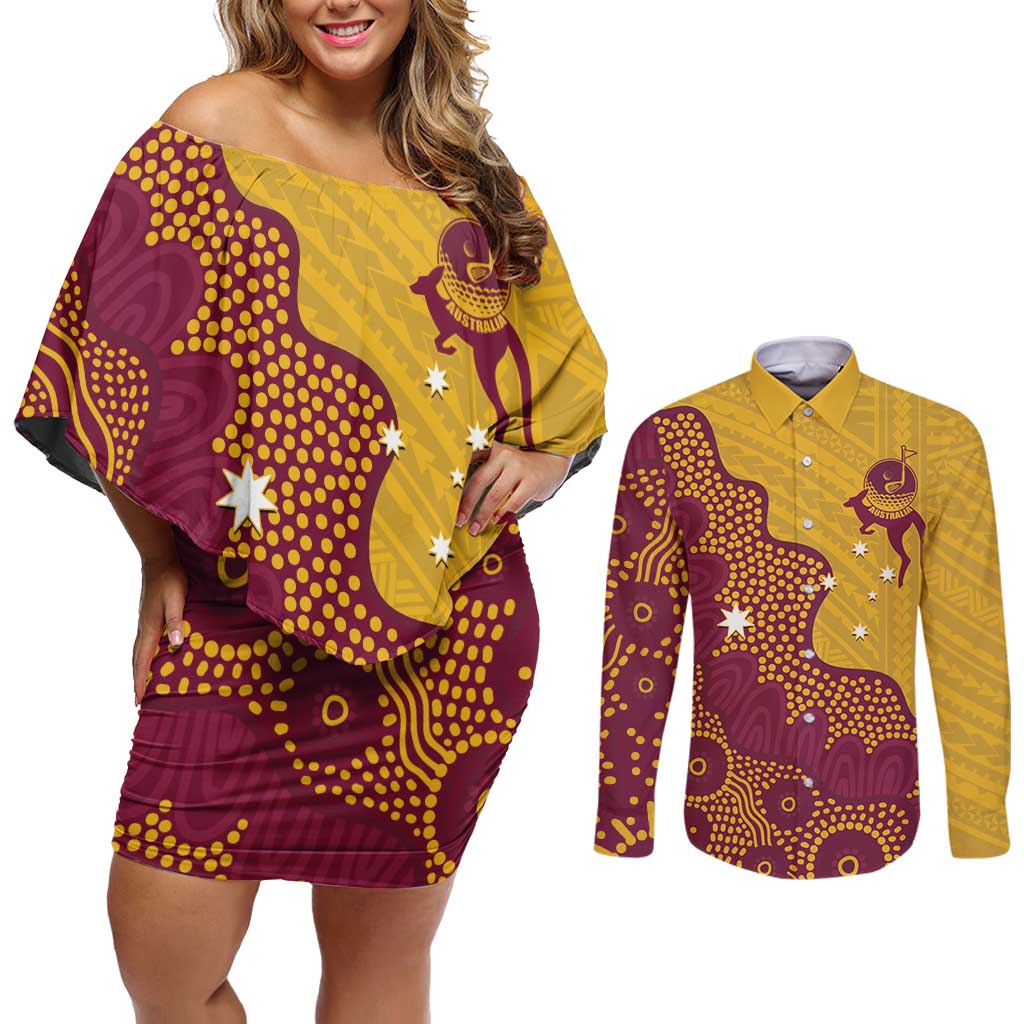 Personalised Australia Golf Couples Matching Off Shoulder Short Dress and Long Sleeve Button Shirt Aussie Kangaroo Aboriginal Polynesian Pattern