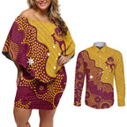 Personalised Australia Golf Couples Matching Off Shoulder Short Dress and Long Sleeve Button Shirt Aussie Kangaroo Aboriginal Polynesian Pattern