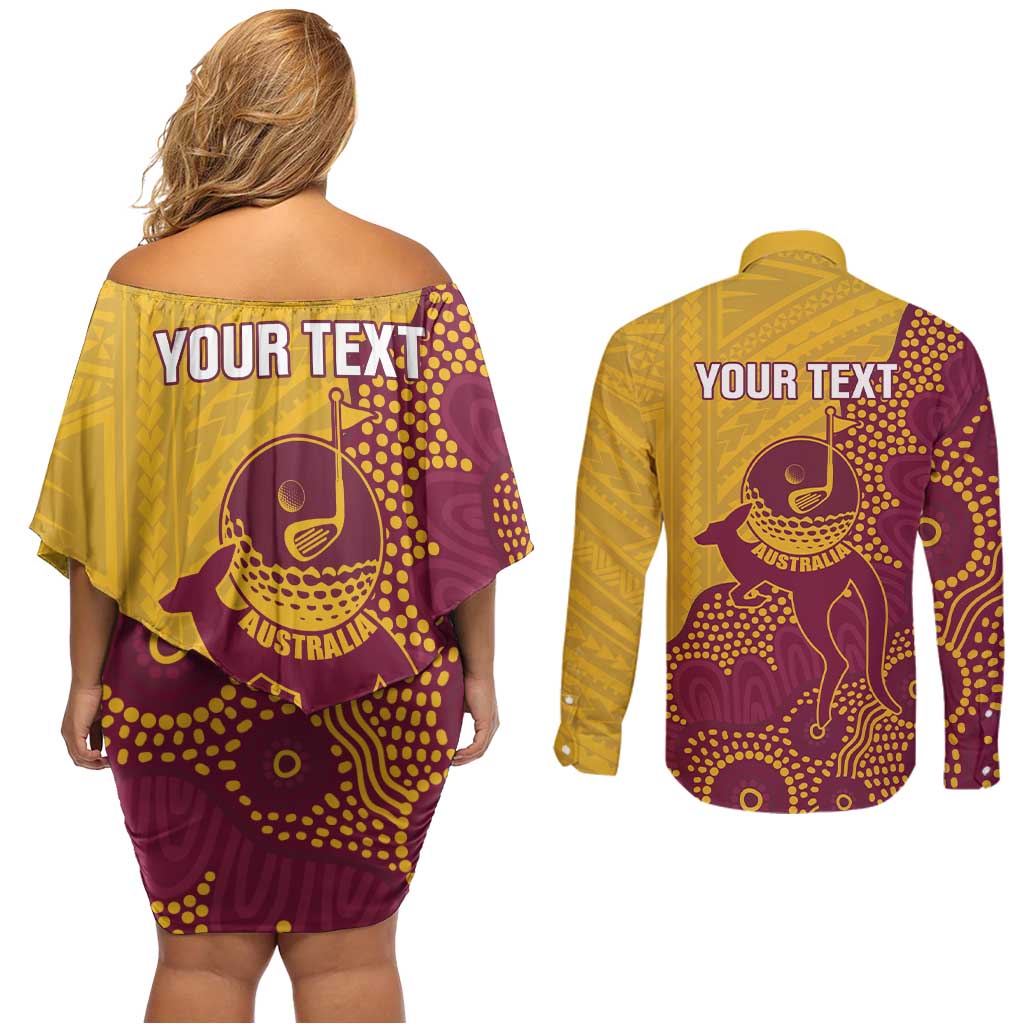 Personalised Australia Golf Couples Matching Off Shoulder Short Dress and Long Sleeve Button Shirt Aussie Kangaroo Aboriginal Polynesian Pattern