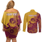 Personalised Australia Golf Couples Matching Off Shoulder Short Dress and Long Sleeve Button Shirt Aussie Kangaroo Aboriginal Polynesian Pattern