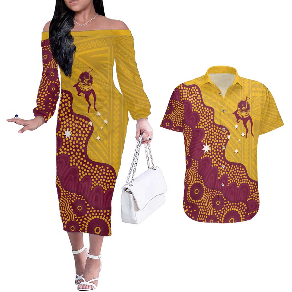 Personalised Australia Golf Couples Matching Off The Shoulder Long Sleeve Dress and Hawaiian Shirt Aussie Kangaroo Aboriginal Polynesian Pattern