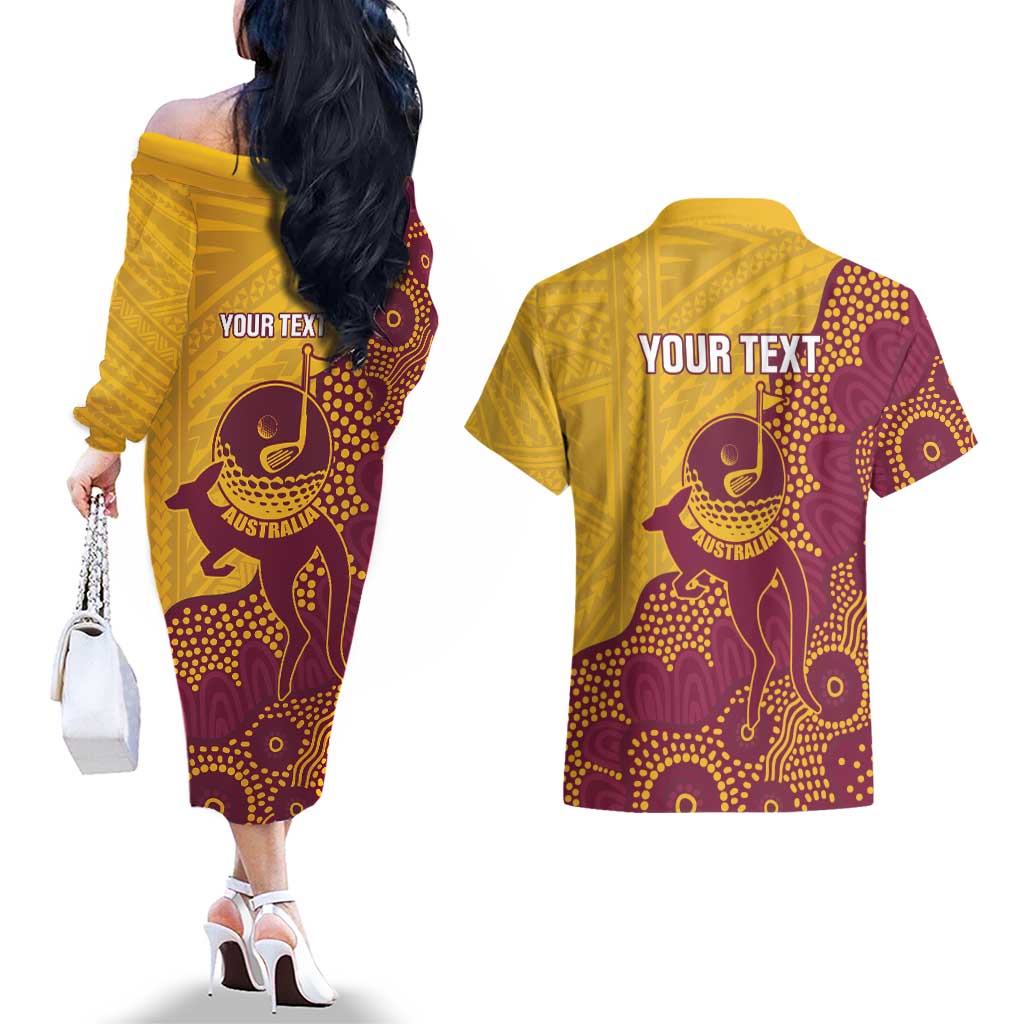 Personalised Australia Golf Couples Matching Off The Shoulder Long Sleeve Dress and Hawaiian Shirt Aussie Kangaroo Aboriginal Polynesian Pattern