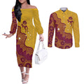 Personalised Australia Golf Couples Matching Off The Shoulder Long Sleeve Dress and Long Sleeve Button Shirt Aussie Kangaroo Aboriginal Polynesian Pattern