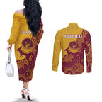 Personalised Australia Golf Couples Matching Off The Shoulder Long Sleeve Dress and Long Sleeve Button Shirt Aussie Kangaroo Aboriginal Polynesian Pattern