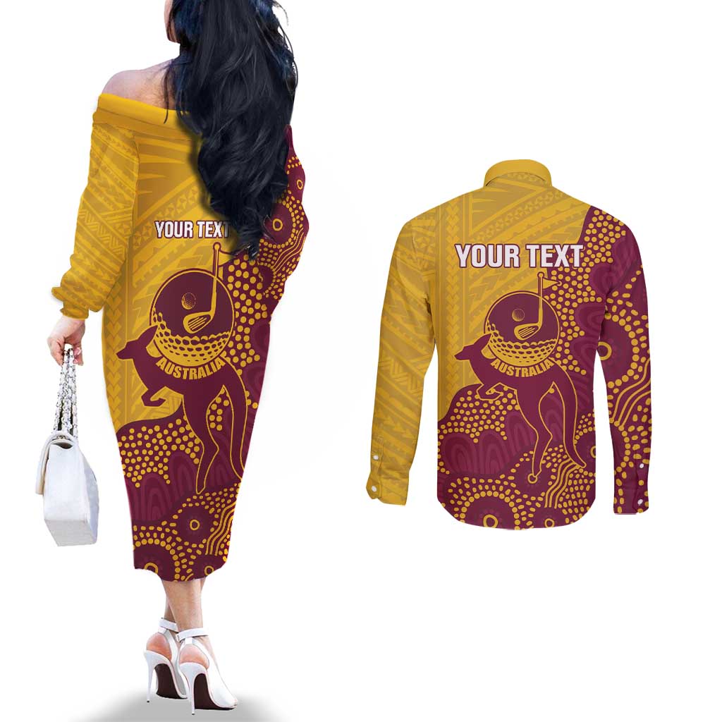Personalised Australia Golf Couples Matching Off The Shoulder Long Sleeve Dress and Long Sleeve Button Shirt Aussie Kangaroo Aboriginal Polynesian Pattern
