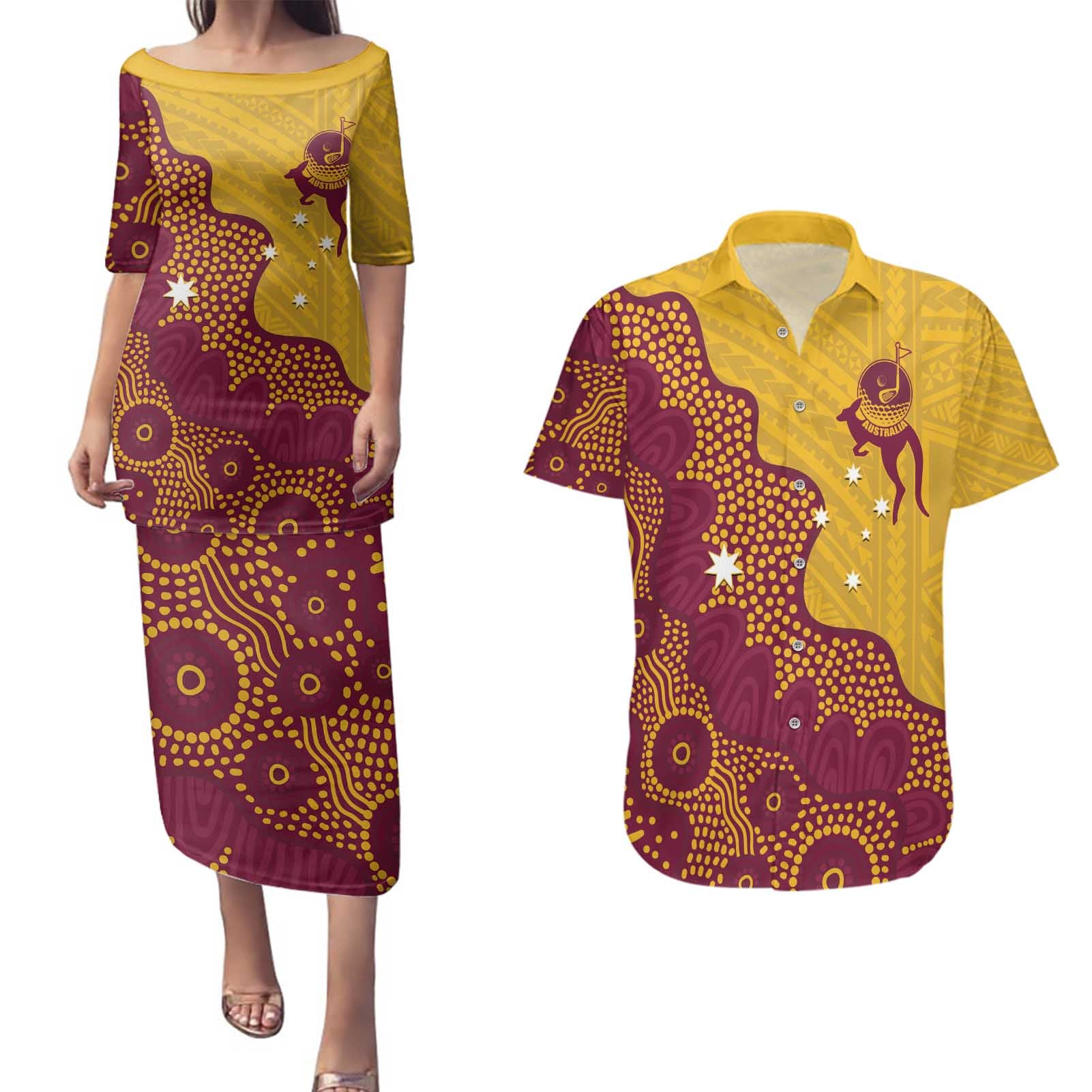 Personalised Australia Golf Couples Matching Puletasi and Hawaiian Shirt Aussie Kangaroo Aboriginal Polynesian Pattern