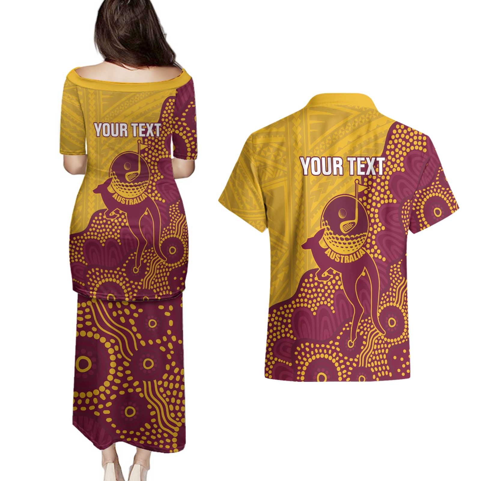Personalised Australia Golf Couples Matching Puletasi and Hawaiian Shirt Aussie Kangaroo Aboriginal Polynesian Pattern