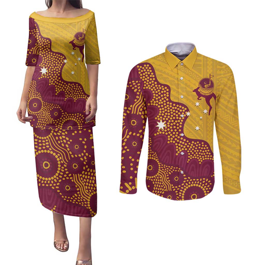 Personalised Australia Golf Couples Matching Puletasi and Long Sleeve Button Shirt Aussie Kangaroo Aboriginal Polynesian Pattern