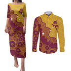 Personalised Australia Golf Couples Matching Puletasi and Long Sleeve Button Shirt Aussie Kangaroo Aboriginal Polynesian Pattern