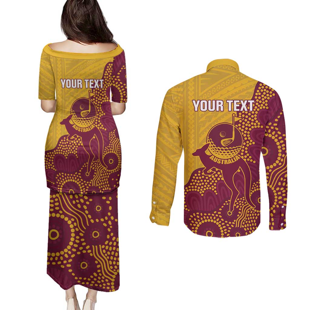 Personalised Australia Golf Couples Matching Puletasi and Long Sleeve Button Shirt Aussie Kangaroo Aboriginal Polynesian Pattern