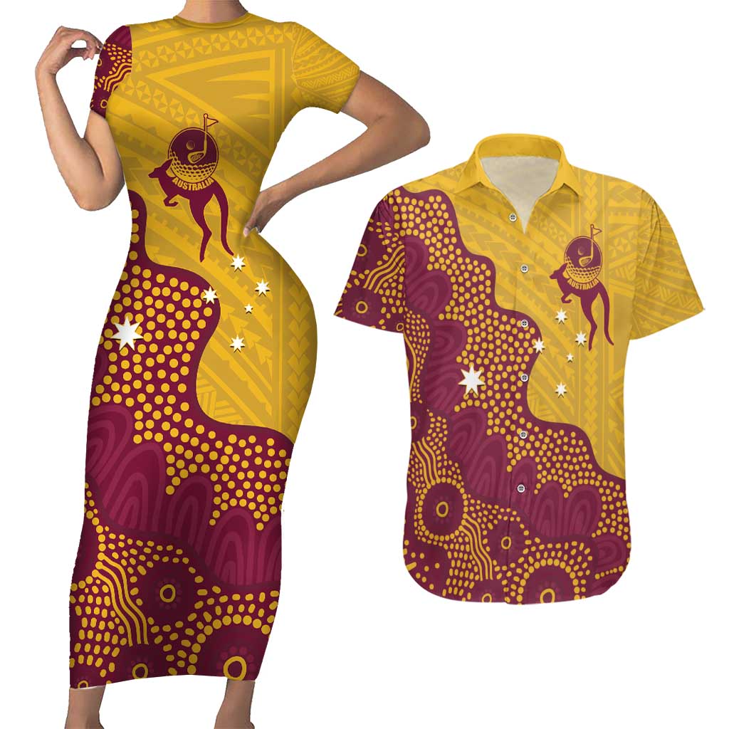 Personalised Australia Golf Couples Matching Short Sleeve Bodycon Dress and Hawaiian Shirt Aussie Kangaroo Aboriginal Polynesian Pattern