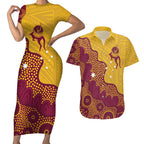 Personalised Australia Golf Couples Matching Short Sleeve Bodycon Dress and Hawaiian Shirt Aussie Kangaroo Aboriginal Polynesian Pattern