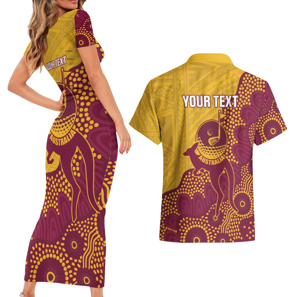 Personalised Australia Golf Couples Matching Short Sleeve Bodycon Dress and Hawaiian Shirt Aussie Kangaroo Aboriginal Polynesian Pattern