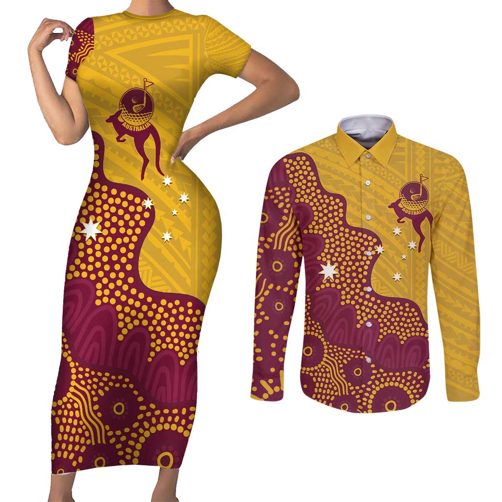 Personalised Australia Golf Couples Matching Short Sleeve Bodycon Dress and Long Sleeve Button Shirt Aussie Kangaroo Aboriginal Polynesian Pattern