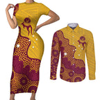 Personalised Australia Golf Couples Matching Short Sleeve Bodycon Dress and Long Sleeve Button Shirt Aussie Kangaroo Aboriginal Polynesian Pattern