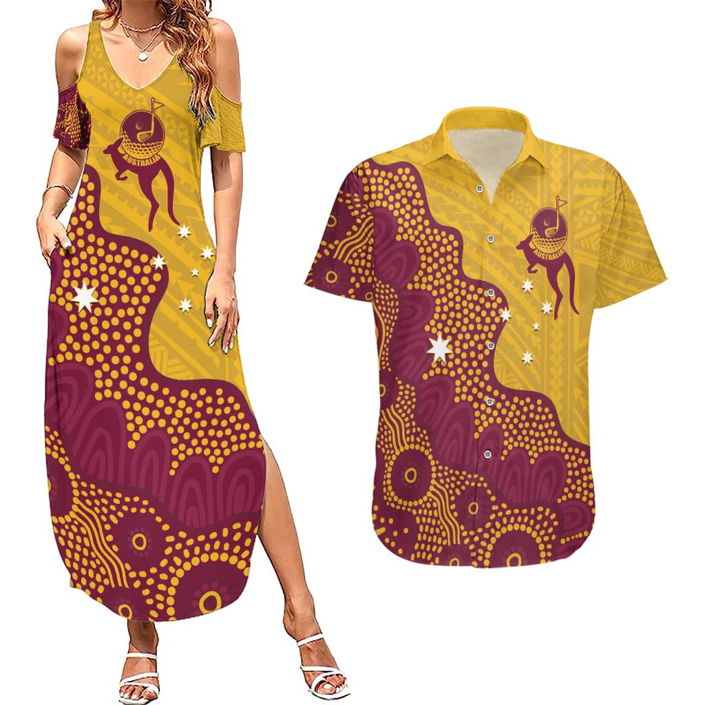 Personalised Australia Golf Couples Matching Summer Maxi Dress and Hawaiian Shirt Aussie Kangaroo Aboriginal Polynesian Pattern