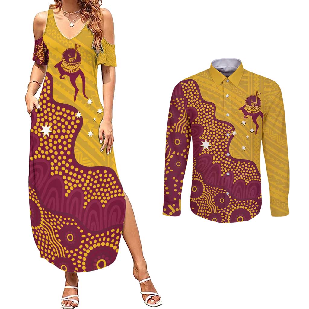Personalised Australia Golf Couples Matching Summer Maxi Dress and Long Sleeve Button Shirt Aussie Kangaroo Aboriginal Polynesian Pattern