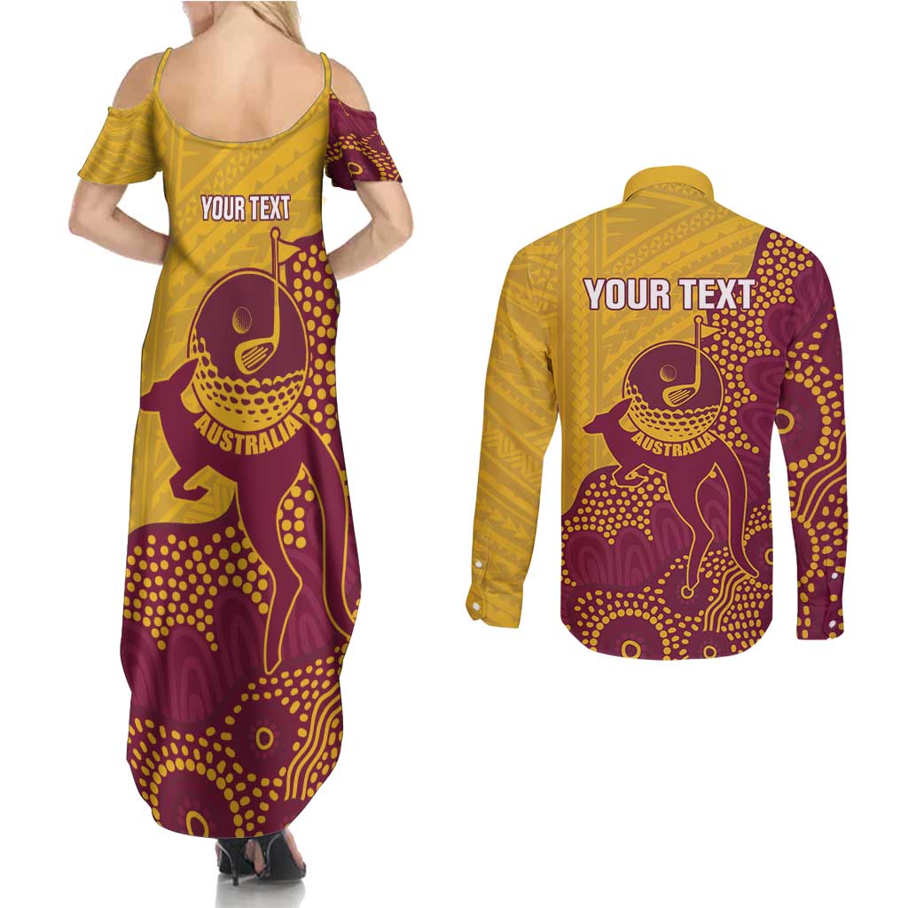 Personalised Australia Golf Couples Matching Summer Maxi Dress and Long Sleeve Button Shirt Aussie Kangaroo Aboriginal Polynesian Pattern