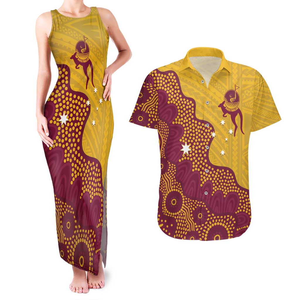 Personalised Australia Golf Couples Matching Tank Maxi Dress and Hawaiian Shirt Aussie Kangaroo Aboriginal Polynesian Pattern