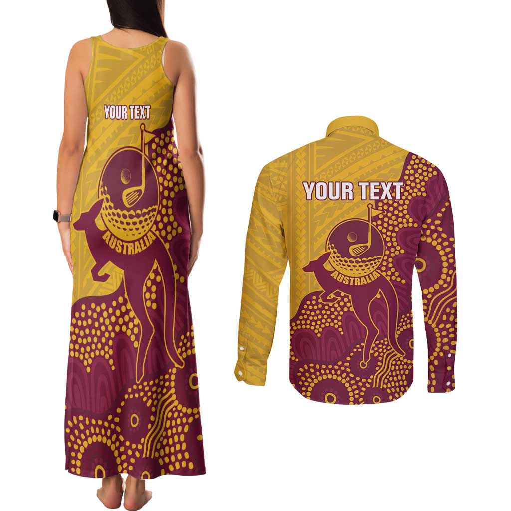 Personalised Australia Golf Couples Matching Tank Maxi Dress and Long Sleeve Button Shirt Aussie Kangaroo Aboriginal Polynesian Pattern