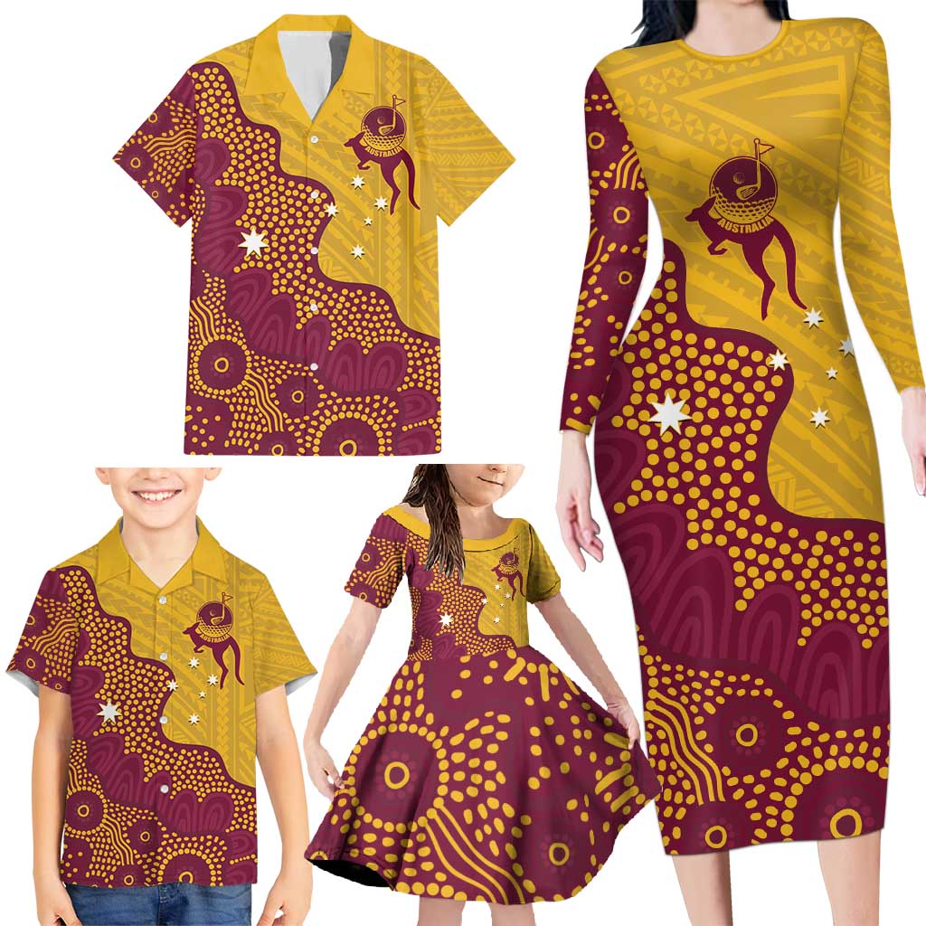 Personalised Australia Golf Family Matching Long Sleeve Bodycon Dress and Hawaiian Shirt Aussie Kangaroo Aboriginal Polynesian Pattern