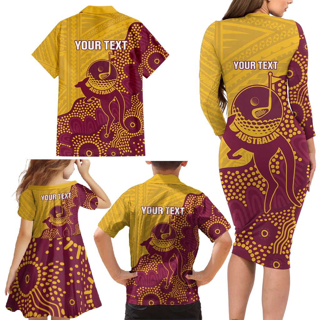 Personalised Australia Golf Family Matching Long Sleeve Bodycon Dress and Hawaiian Shirt Aussie Kangaroo Aboriginal Polynesian Pattern