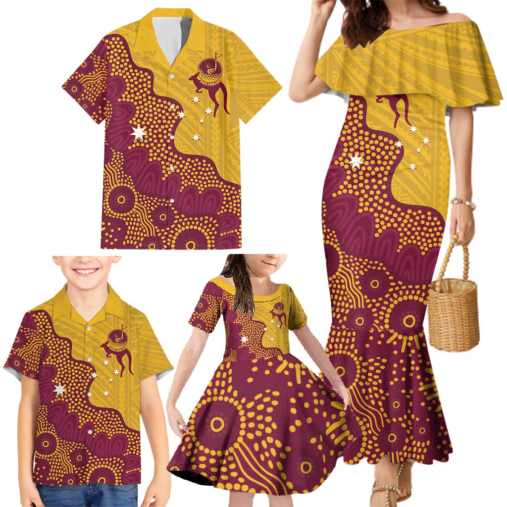 Personalised Australia Golf Family Matching Mermaid Dress and Hawaiian Shirt Aussie Kangaroo Aboriginal Polynesian Pattern