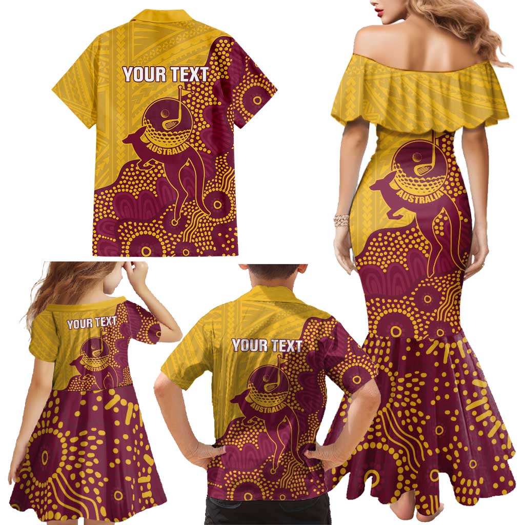 Personalised Australia Golf Family Matching Mermaid Dress and Hawaiian Shirt Aussie Kangaroo Aboriginal Polynesian Pattern