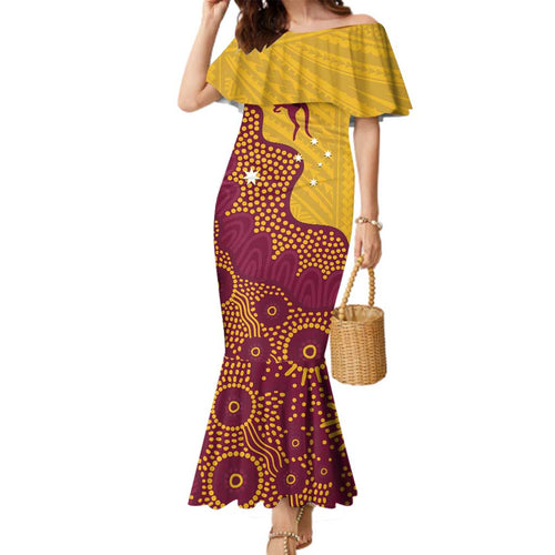 Personalised Australia Golf Family Matching Mermaid Dress and Hawaiian Shirt Aussie Kangaroo Aboriginal Polynesian Pattern