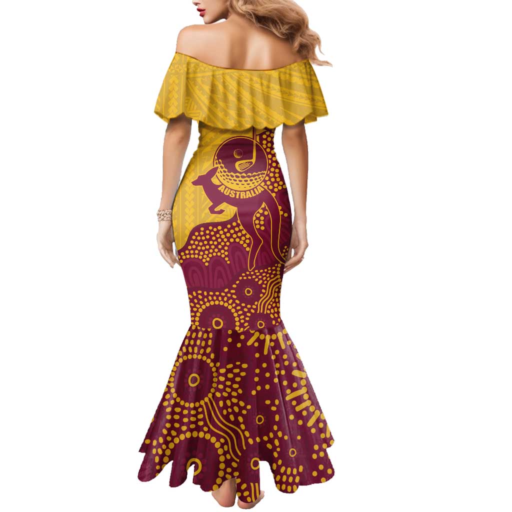 Personalised Australia Golf Family Matching Mermaid Dress and Hawaiian Shirt Aussie Kangaroo Aboriginal Polynesian Pattern
