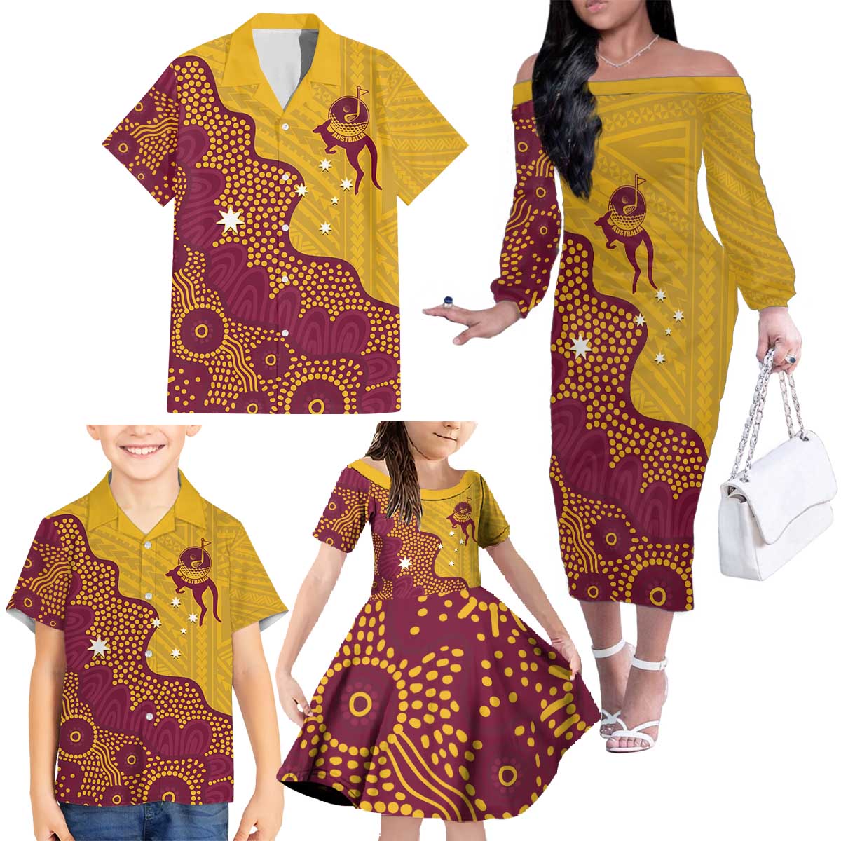 Personalised Australia Golf Family Matching Off The Shoulder Long Sleeve Dress and Hawaiian Shirt Aussie Kangaroo Aboriginal Polynesian Pattern