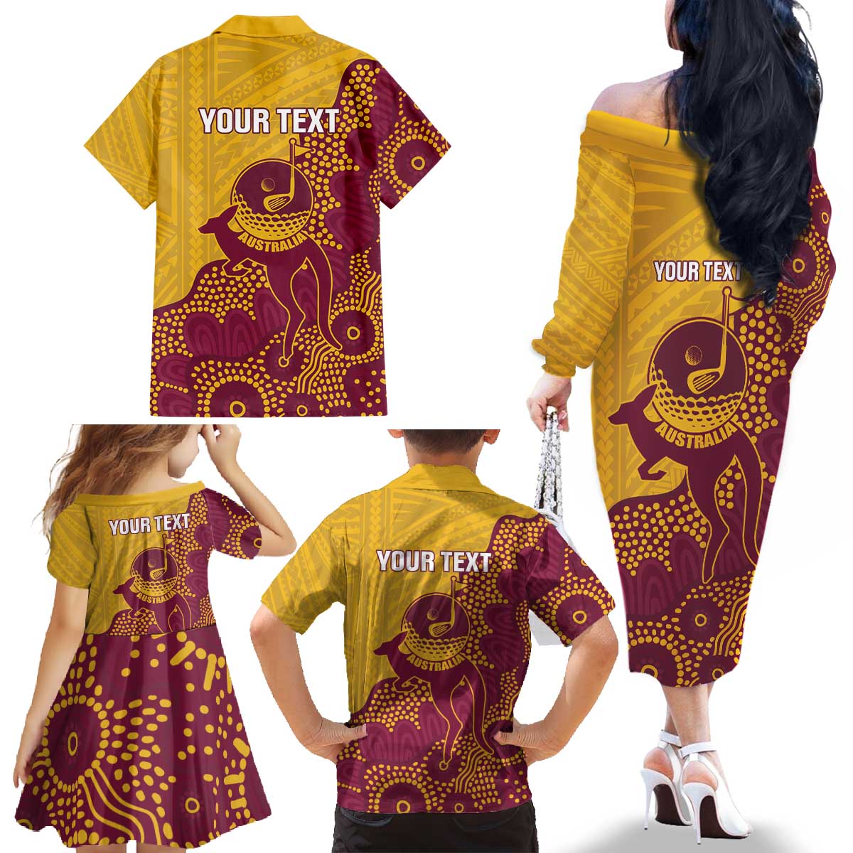 Personalised Australia Golf Family Matching Off The Shoulder Long Sleeve Dress and Hawaiian Shirt Aussie Kangaroo Aboriginal Polynesian Pattern