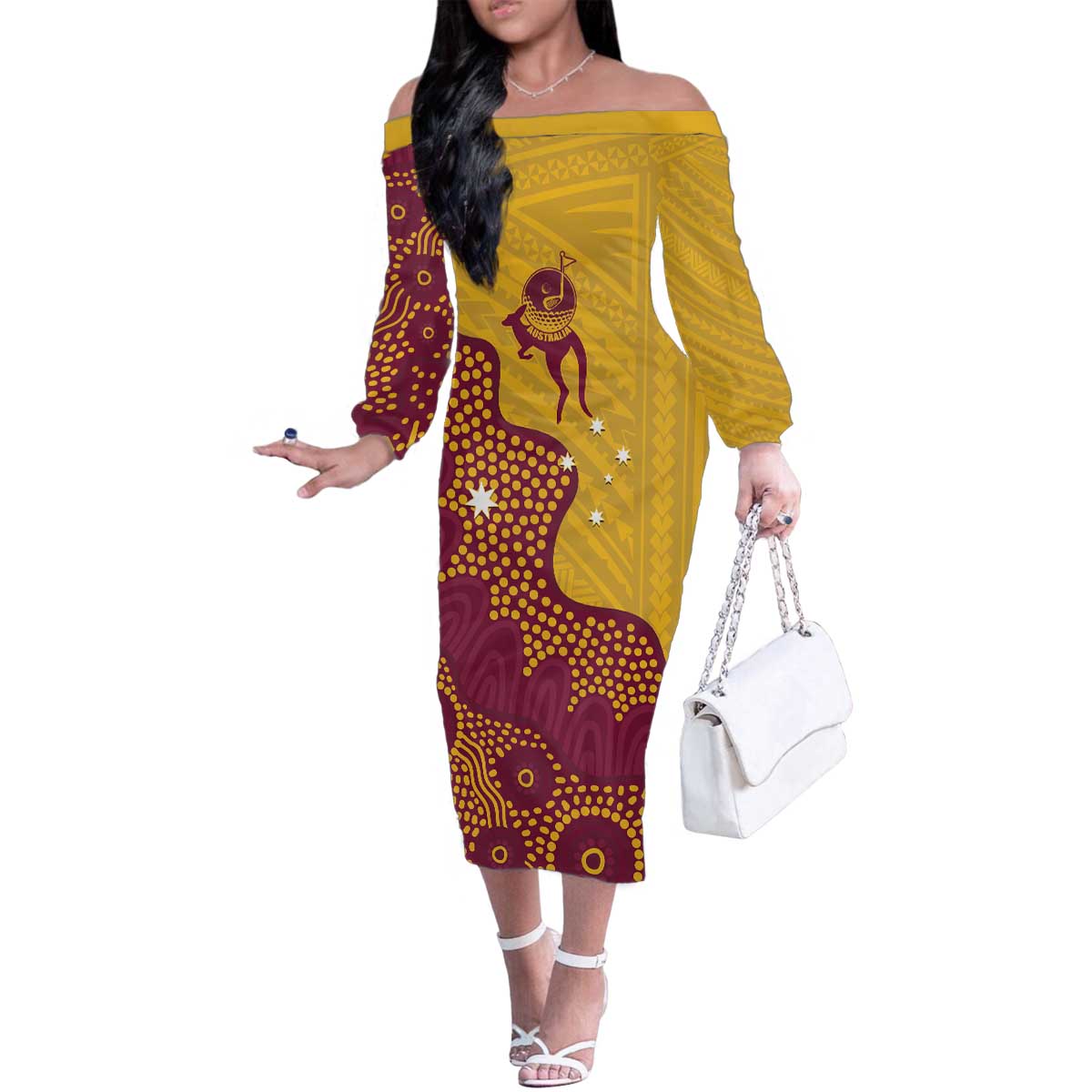 Personalised Australia Golf Family Matching Off The Shoulder Long Sleeve Dress and Hawaiian Shirt Aussie Kangaroo Aboriginal Polynesian Pattern