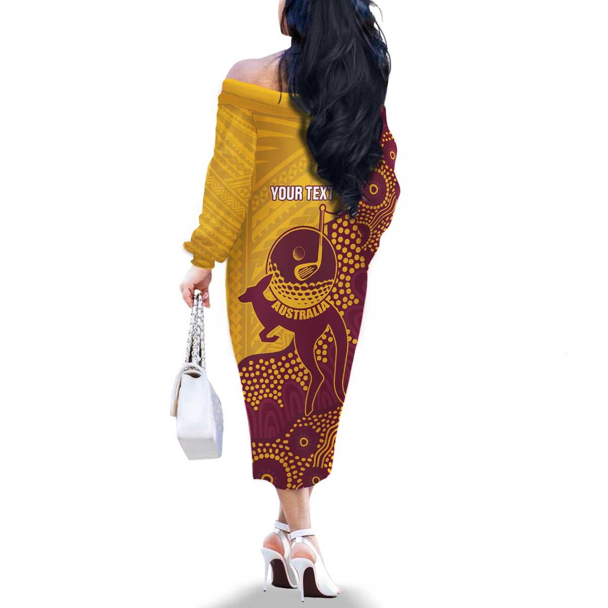 Personalised Australia Golf Family Matching Off The Shoulder Long Sleeve Dress and Hawaiian Shirt Aussie Kangaroo Aboriginal Polynesian Pattern