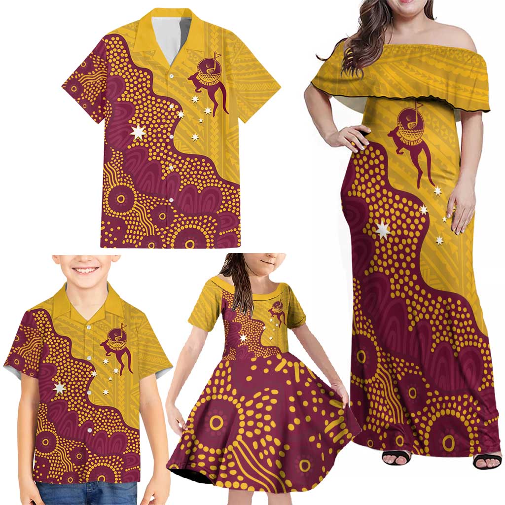 Personalised Australia Golf Family Matching Off Shoulder Maxi Dress and Hawaiian Shirt Aussie Kangaroo Aboriginal Polynesian Pattern