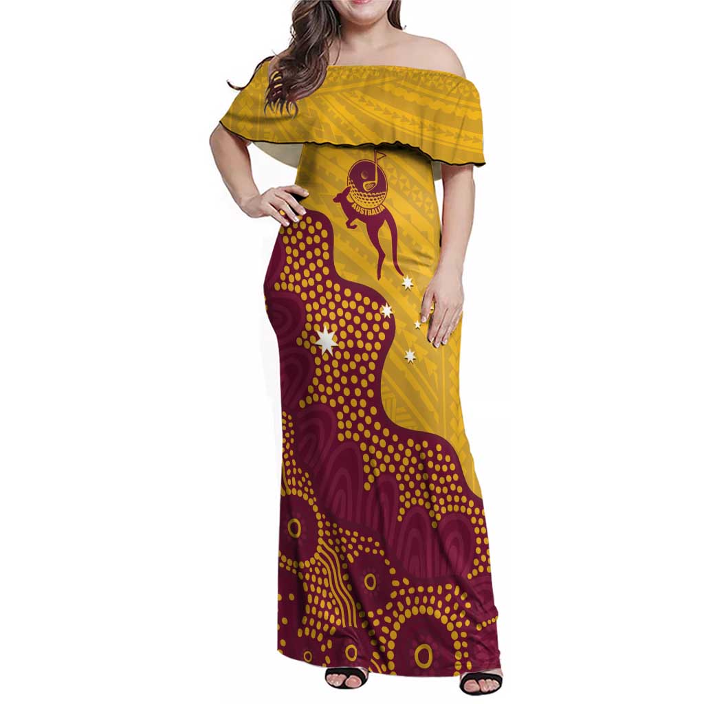 Personalised Australia Golf Family Matching Off Shoulder Maxi Dress and Hawaiian Shirt Aussie Kangaroo Aboriginal Polynesian Pattern