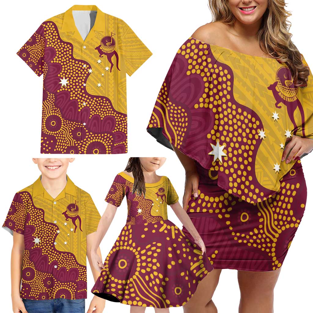 Personalised Australia Golf Family Matching Off Shoulder Short Dress and Hawaiian Shirt Aussie Kangaroo Aboriginal Polynesian Pattern