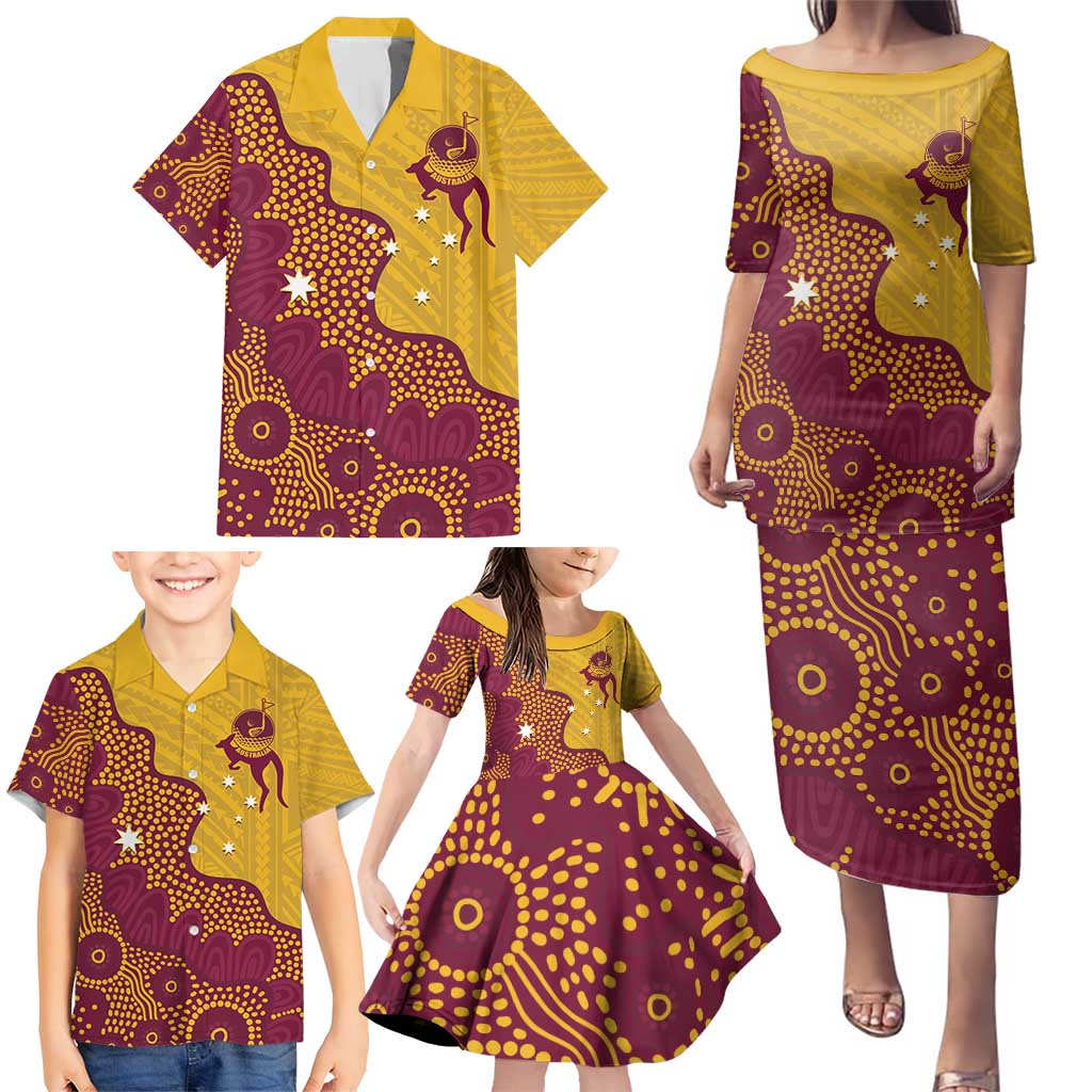 Personalised Australia Golf Family Matching Puletasi and Hawaiian Shirt Aussie Kangaroo Aboriginal Polynesian Pattern
