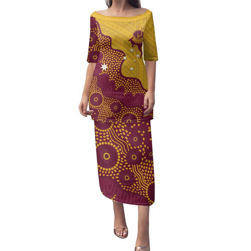 Personalised Australia Golf Family Matching Puletasi and Hawaiian Shirt Aussie Kangaroo Aboriginal Polynesian Pattern