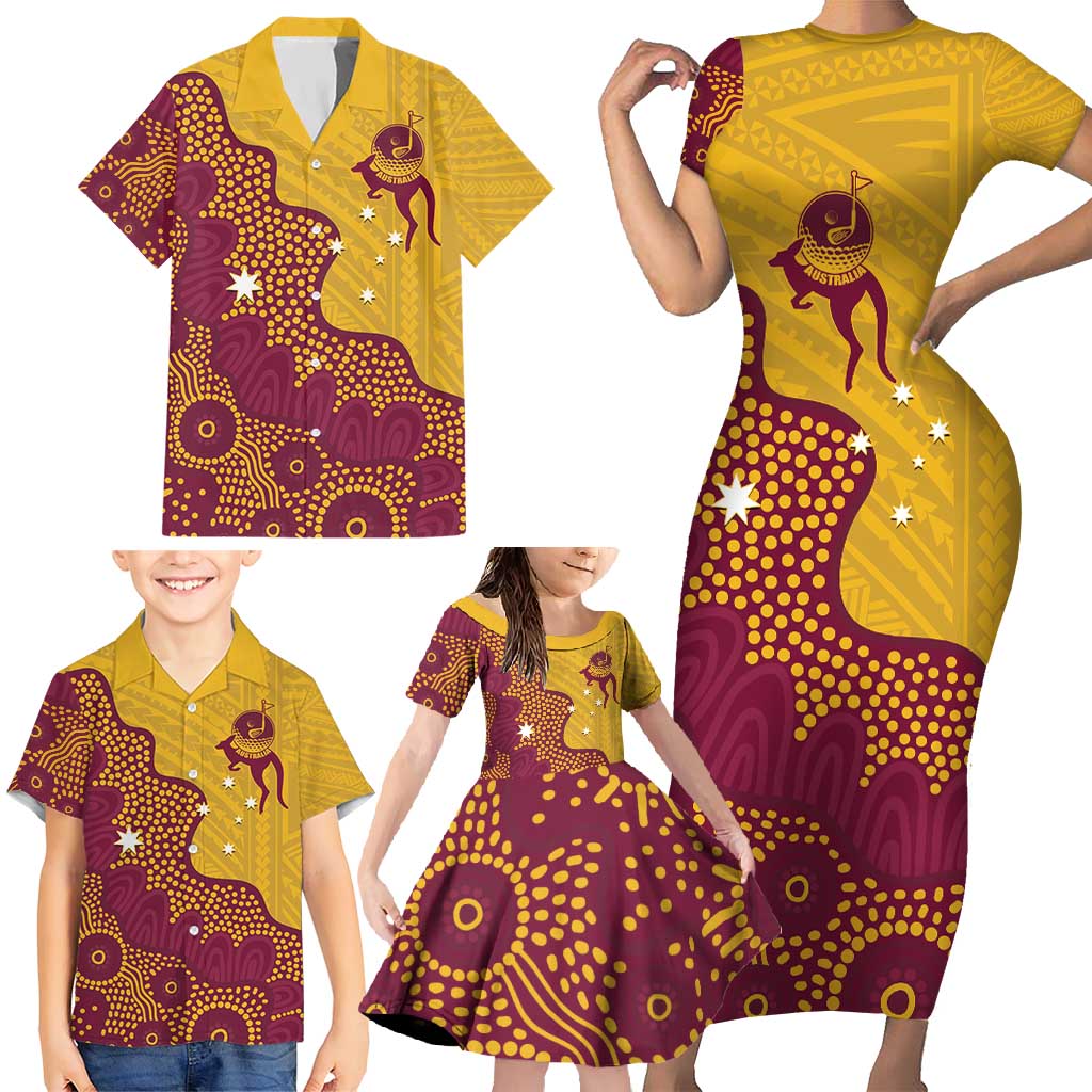Personalised Australia Golf Family Matching Short Sleeve Bodycon Dress and Hawaiian Shirt Aussie Kangaroo Aboriginal Polynesian Pattern