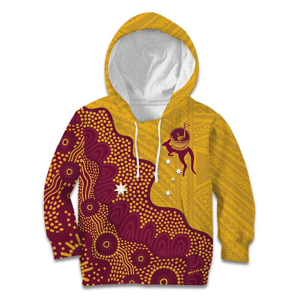 Personalised Australia Golf Kid Hoodie Aussie Kangaroo Aboriginal Polynesian Pattern
